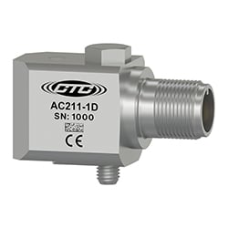 A stainless steel AC211 side exit, standard size industrial vibration sensor engraved with the CTC Line logo, part number, serial number, and CE and UKCA markings.